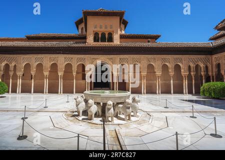 Cour des Lions (patio de los Leones) avec fontaine aux palais Nasrides de l'Alhambra - Grenade, Andalousie, Espagne Banque D'Images