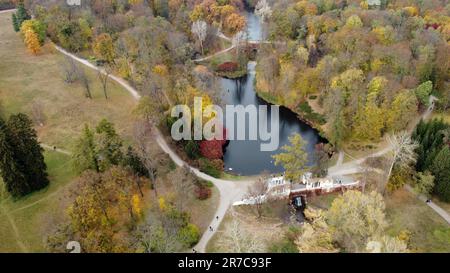 Magnifique vue sur un parc d'automne avec des arbres avec des feuilles jaunes tombées, des lacs, des chutes d'eau, l'architecture, des clairières et des personnes marchant des chemins de terre le jour de l'automne. Vol au-dessus du parc d'automne. Vue de dessus. Banque D'Images