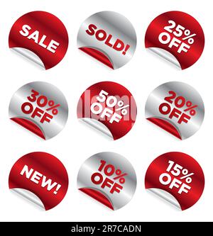 Ensemble d'illustrations vectorielles d'autocollants ronds brillants élégants en rouge et argent pour la vente au détail et autres utilisations : solde, vendu, neuf, % de rabais. Les autocollants sont isolés ... Illustration de Vecteur
