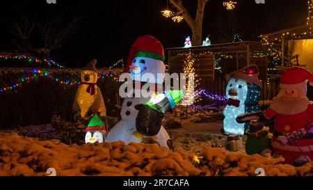 Une exposition festive de décorations extérieures avec un bonhomme de neige, un ours, un pingouin et un père Noël Banque D'Images