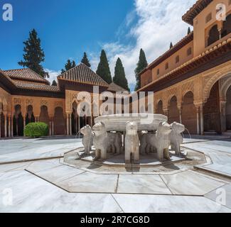 Cour des Lions (patio de los Leones) avec fontaine aux palais Nasrides de l'Alhambra - Grenade, Andalousie, Espagne Banque D'Images