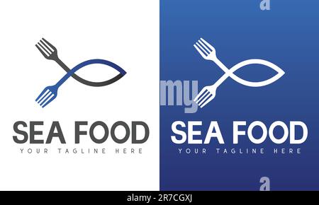 Sea Food logo Design Blue Fish Eating Fork et Spoon logotype 3D gradient Illustration de Vecteur