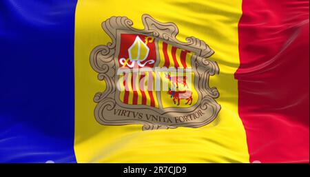 Le drapeau de la Principauté d'Andorre agitant dans le vent. Rayures verticales bleu-jaune-rouge avec blason au centre. 3d rendu d'illustration. Ripp Banque D'Images