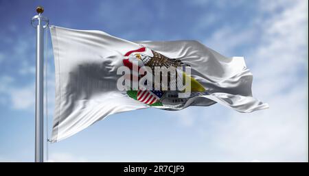 Vue rapprochée du drapeau de l'État de l'Illinois qui agite dans le vent. Le drapeau de l'Illinois est blanc avec le sceau d'état, l'Illinois écrit en dessous. Tissu ondulé. 3d 000 km Banque D'Images