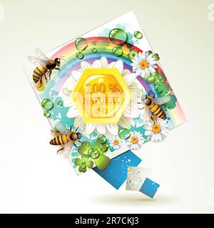 Abeilles et nids de miel sur fond floral avec arc-en-ciel et gouttes d'eau Illustration de Vecteur