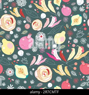 motif chaud et lumineux sans couture de feuilles et de fruits sur fond sombre Illustration de Vecteur