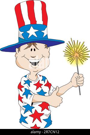 Image de dessin animé d'un garçon portant un chapeau Uncle Sam tenant un sparkler. Illustration de Vecteur