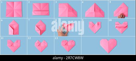 Art origami Fabrication de papier rose coeur étape par étape, collage de photos sur fond bleu clair Banque D'Images