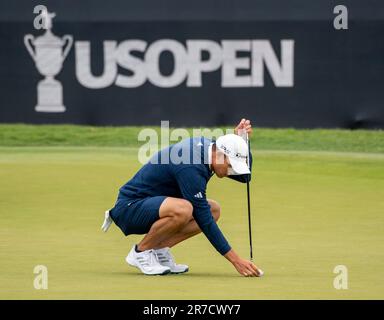 Los Angeles, États-Unis. 14th juin 2023. Collin Morikawa travaille à mettre sur le vert 10th pendant la ronde d'entraînement pour les 2023 États-Unis Ouvert mercredi au Los Angeles Country Club de Los Angeles, en Californie, à 14 juin 2023. Photo de Mike Goulding/UPI crédit: UPI/Alay Live News Banque D'Images