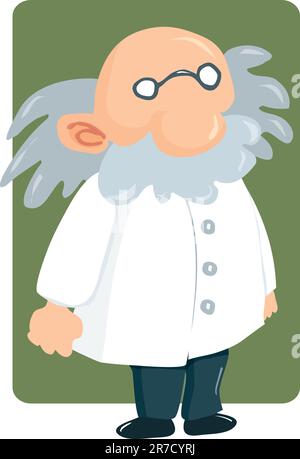 Professeur de dessin animé en blouse de laboratoire et moustache brousse. Carré vert derrière Illustration de Vecteur