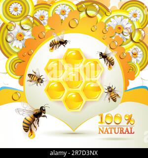 Bees and honeycombs over floral background with drops Stock Vector