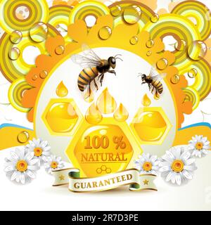 Abeilles et rayons de miel sur fond floral avec des gouttes Illustration de Vecteur