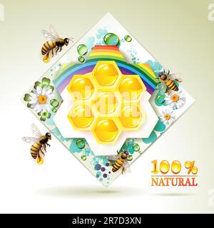 Abeilles et nids de miel sur fond floral avec arc-en-ciel et gouttes d'eau Illustration de Vecteur