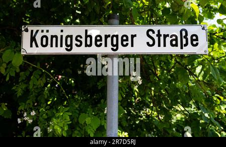 Rosengarten, Allemagne. 08th juin 2023. La rue Königsberger Straße est inscrite sur un panneau sur le site du musée en plein air. Une maison de réfugiés originale datant de 1955 dans le Musée Kiekeberg montre les besoins des personnes déplacées et les défis de la période d'après-guerre. Un jardin de cuisine et une écurie pour les porcs et les poulets ont assuré le revenu. (À dpa 'les personnes en position de départ ont trouvé une nouvelle maison - le musée montre la vie dans les 50s') Credit: Philipp Schulze/dpa/Alamy Live News Banque D'Images