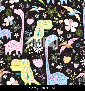 motif fleuri sans couture avec dinosaures sur fond noir Illustration de Vecteur