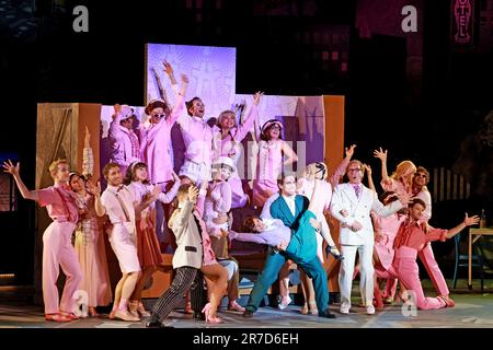 14 juin 2023, Saxe-Anhalt, Magdebourg: Devant la toile de fond de la cathédrale, la répétition du théâtre Magdebourg pour la comédie musicale "Catch Me if you CAN" a lieu. C'est l'adaptation musicale du film de Steven Spielberg. Le directeur Seiler, qui a travaillé à l'Opéra de Sydney et à l'Opéra Royal Covent Garden London, selon le théâtre, apporte l'histoire de la vie de l'homme de con Frank Abagnale sur la scène. Le con-homme posé comme pilote, médecin et avocat, a fait des millions de victimes de faux chèques et a été chassé par le FBI pendant des années. Après la première de vendredi, 17 PE de plus Banque D'Images