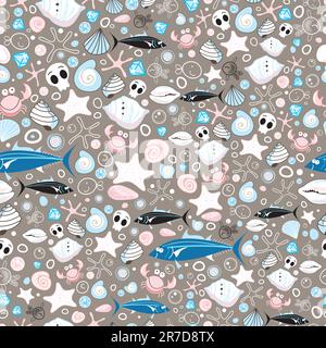 motif sans couture de coquillages, crabes, poissons et étoiles sur fond marron Illustration de Vecteur