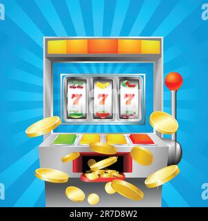 Un fruit slot machine gagner sur 7s. Des pièces d'or s'échapper à l'observateur. Illustration de Vecteur