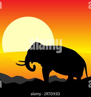 Coucher du soleil de l'Afrique - Silhouette d'éléphant debout dans le coucher du soleil Illustration de Vecteur