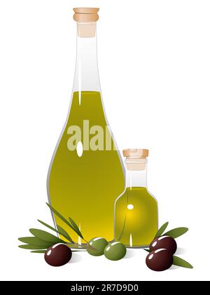 Bouteille d'huile d'olive et olives, olive branch Illustration de Vecteur