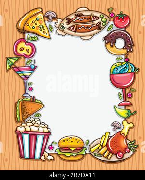 Belle composition verticale sur fond de bois avec espace pour votre texte, entouré par des icônes de nourriture colorées Illustration de Vecteur