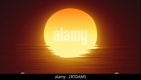 Soleil orange abstrait sur l'eau et l'horizon avec des réflexions de fond. Banque D'Images