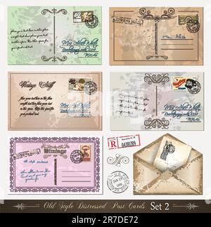 Cartes postales anciennes de style vieilli (ensemble 2) avec beaucoup de timbres poste avec des motifs vintage. Timbres en caoutchouc inclus. Illustration de Vecteur