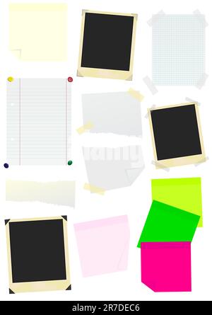 Jeu de bâtons de mémo, de papiers, de papiers photo et de cadres photo Illustration de Vecteur