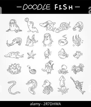 dessin à la main poisson aquarium icônes ensemble Illustration de Vecteur