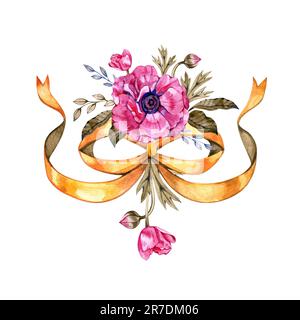 Un bouquet d'anémone rose avec un ruban d'or vintage. Clipart aquarelle dessiné à la main, isolé sur fond blanc. Design pour mariage, invitation Banque D'Images