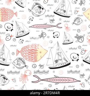 motif fluide de poissons et de navires marins sur fond blanc Illustration de Vecteur