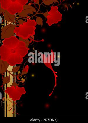 Floral background avec les fleurs rouges et humming-bird sur fond noir Illustration de Vecteur