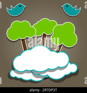 Composition de papier vectoriel avec arbre et oiseaux Illustration de Vecteur