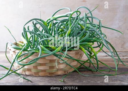 Flèches à l'ail. Un bouquet de verts sur la table. Alimentation en vitamines saine végétale. Tiges vertes de tiges plantules pour la salade et le ragoût. Herbes fraîches végétariennes, cuisine chinoise. Banque D'Images