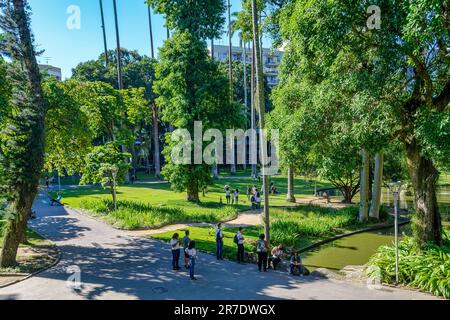 Rio de Janeiro, Brésil - 8 juin 2023: Les gens se tiennent sur un passage dans un jardin public, le long d'un canal d'eau qui coule. Arbres et autres individus ar Banque D'Images