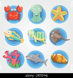 Caricature aquarium icônes animaux ensemble, icônes de poissons Illustration de Vecteur