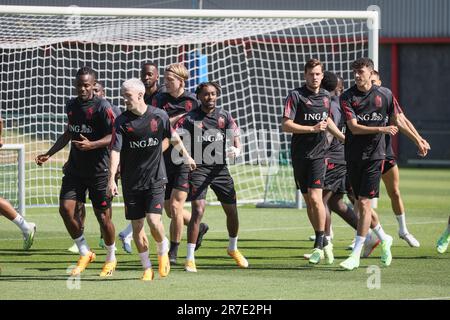 Tubize, Belgique. 15th juin 2023. Les joueurs belges photographiés lors d'une séance d'entraînement de l'équipe nationale belge de football Red Devils, jeudi 15 juin 2023, au siège de la Royal Belgian football Association RBFA à Tubize, en préparation des matchs contre l'Autriche et l'Estonie plus tard ce mois-ci. BELGA PHOTO BRUNO FAHY crédit: Belga News Agency/Alay Live News Banque D'Images