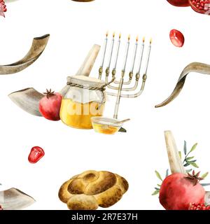 Rosh hashanah symboles aquarelle motif sans couture sur fond blanc avec shofars, menorah, cuisine traditionnelle Banque D'Images