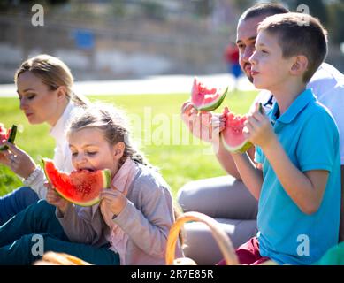 Le père, la mère, la fille et le fils aiment manger du melon d'eau lors d'un pique-nique dans le parc en été Banque D'Images