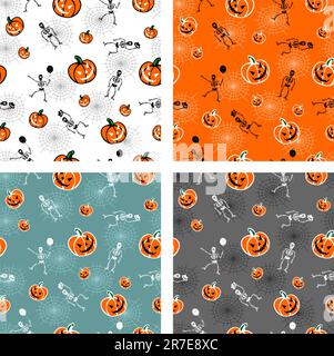 Citrouilles d'Halloween et du squelette sur les fonds de couleur. Vector disponible Illustration de Vecteur