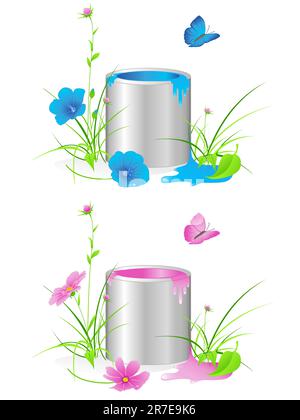 Tin avec une peinture, fleurs, herbe verte et papillon Illustration de Vecteur