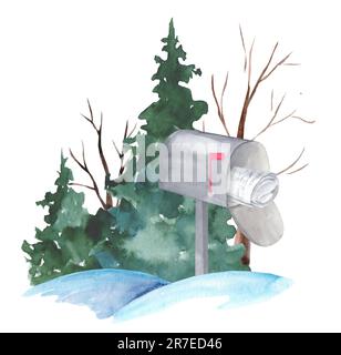 Illustration aquarelle d'une boîte aux lettres. Coin d'hiver confortable du jardin. Banque D'Images