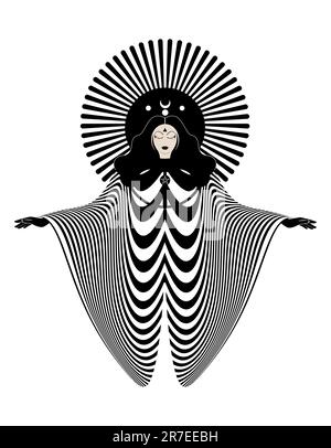 Déesse magique, prêtresse. Belle femme de fée avec de longs cheveux. Gothic Witch wiccan femme conception sacrée. Vecteur isolé blanc fond art déco Illustration de Vecteur