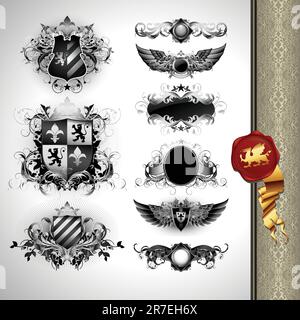boucliers héraldique médiévaux, cette illustration peut être utile comme travail de concepteur Illustration de Vecteur