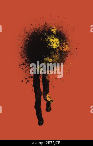 Peinture abstraite avec dépôt de liquide noir sur la surface, illustration moderne abstraite décorative pour art mural, impression artistique minimale, image verticale. Banque D'Images