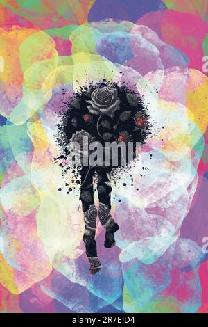 Peinture numérique artistique de l'aérosol noir spray avec les roses de style ancien à l'intérieur, le concept pour le style d'art de transition. Banque D'Images