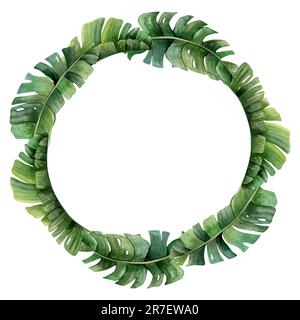 Motif de feuilles de palmier tropical à cadre rond couronne aquarelle pour les autocollants de remerciement Banque D'Images