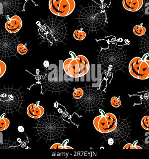 Citrouilles d'Halloween et le squelette sur fond noir. Vector disponible Illustration de Vecteur