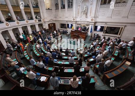 Bruxelles, Belgique. 15th juin 2023. Les illustrations montrent une minute de silence en l'honneur du regretté représentant Jan Caudron photographié lors d'une séance plénière de la Chambre au Parlement fédéral à Bruxelles, le jeudi 15 juin 2023. BELGA PHOTO JAMES ARTHUR GEKIERE crédit: Belga News Agency/Alay Live News Banque D'Images