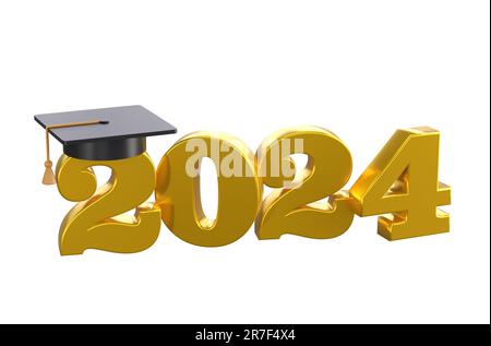 Icône de classe 2024 3D. Modèle de conception avec Cap et chiffres pour les diplômés de la formation de félicitations. Illustration typographique de remise des diplômes en or pour la cérémonie, la fête Banque D'Images